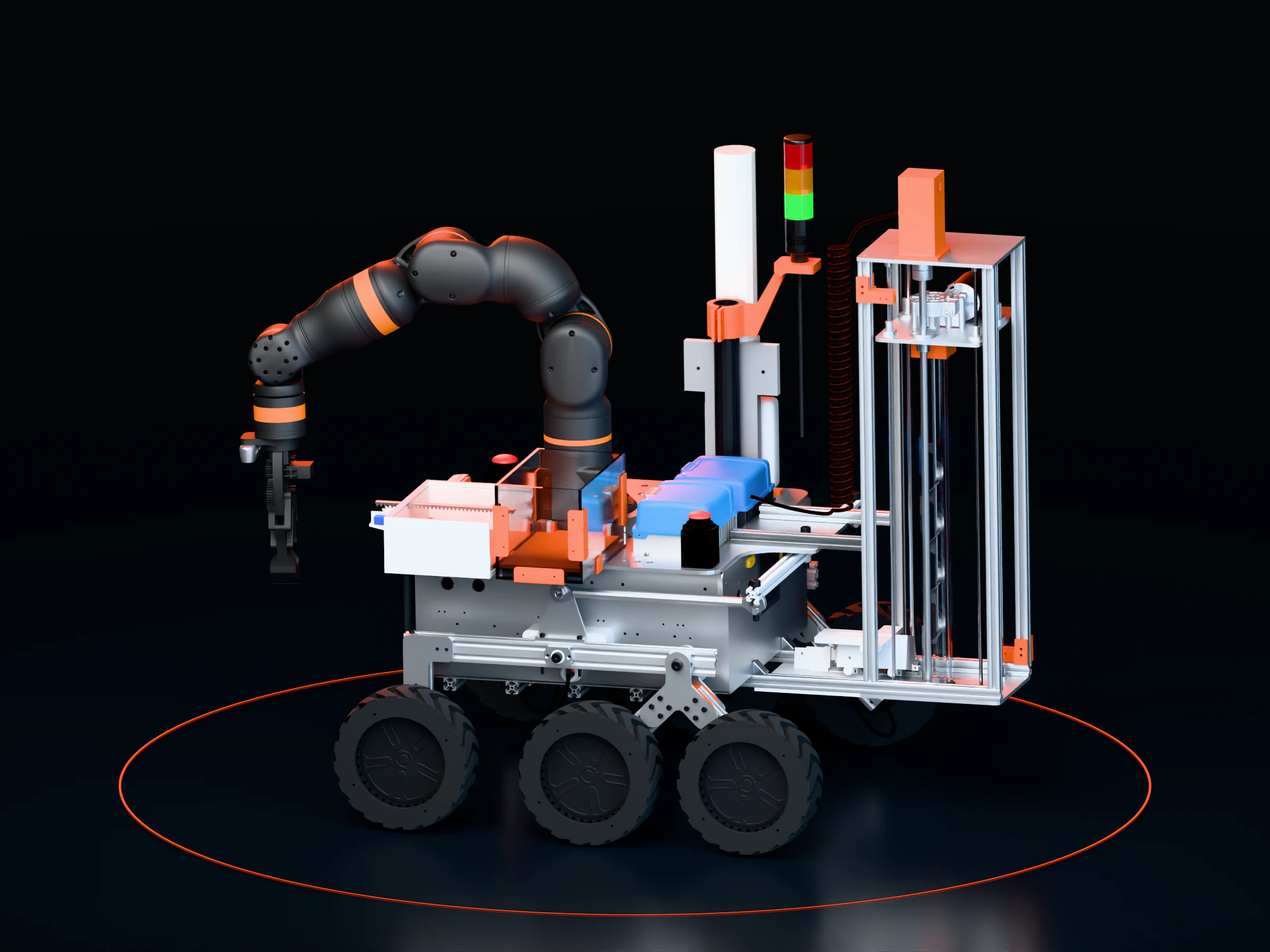 LEAP-One rover with its six wheels, robotic arm and orange drill assembly