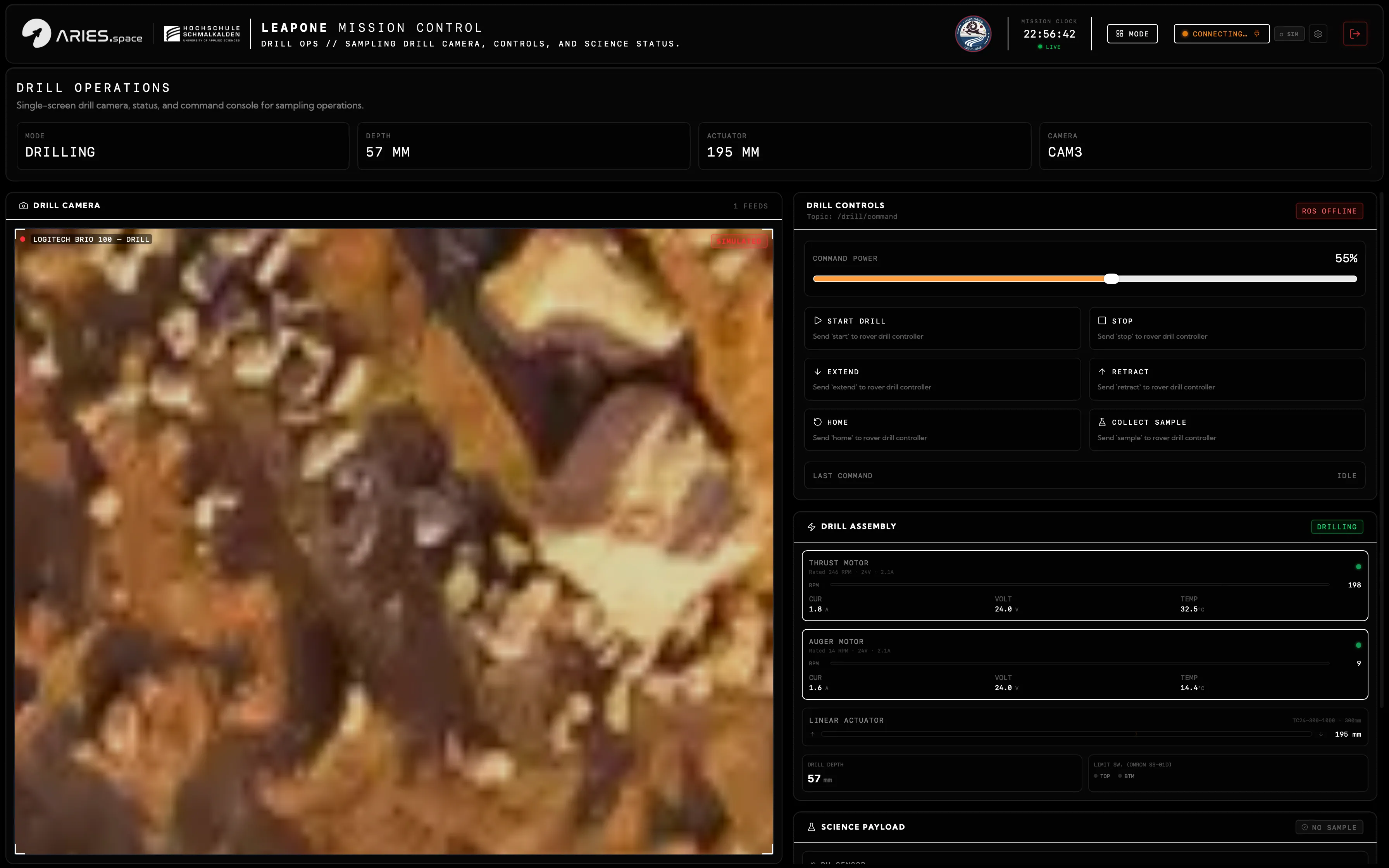 LEAP-One drill operations workspace with sampling and payload controls