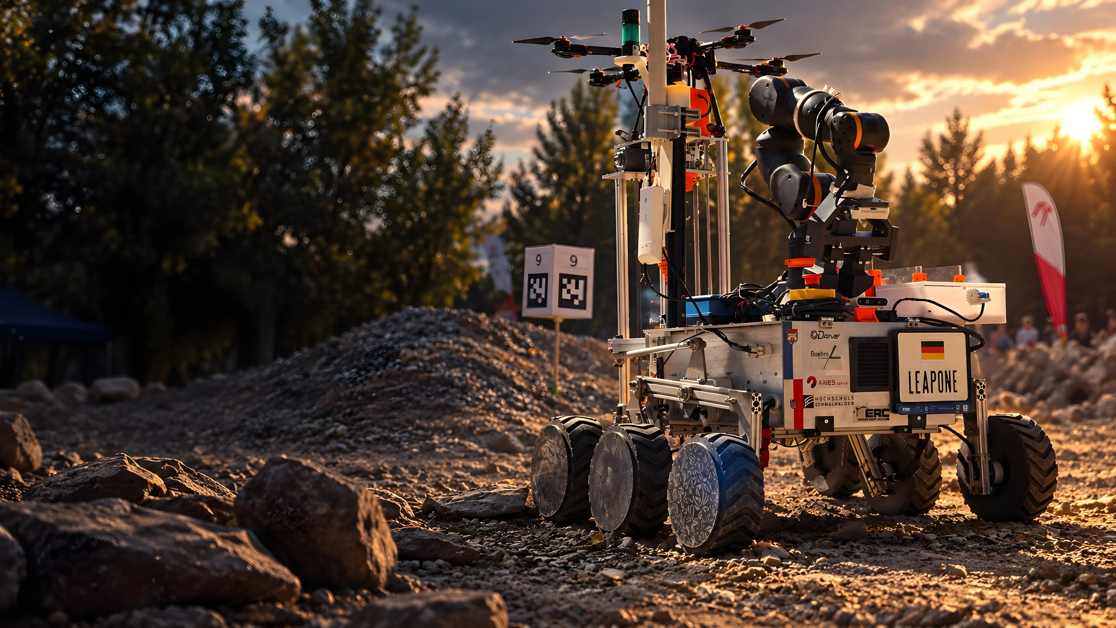 Cinematic AI treatment of an ERC photograph showing LEAP-One and its quadcopter on the Mars yard