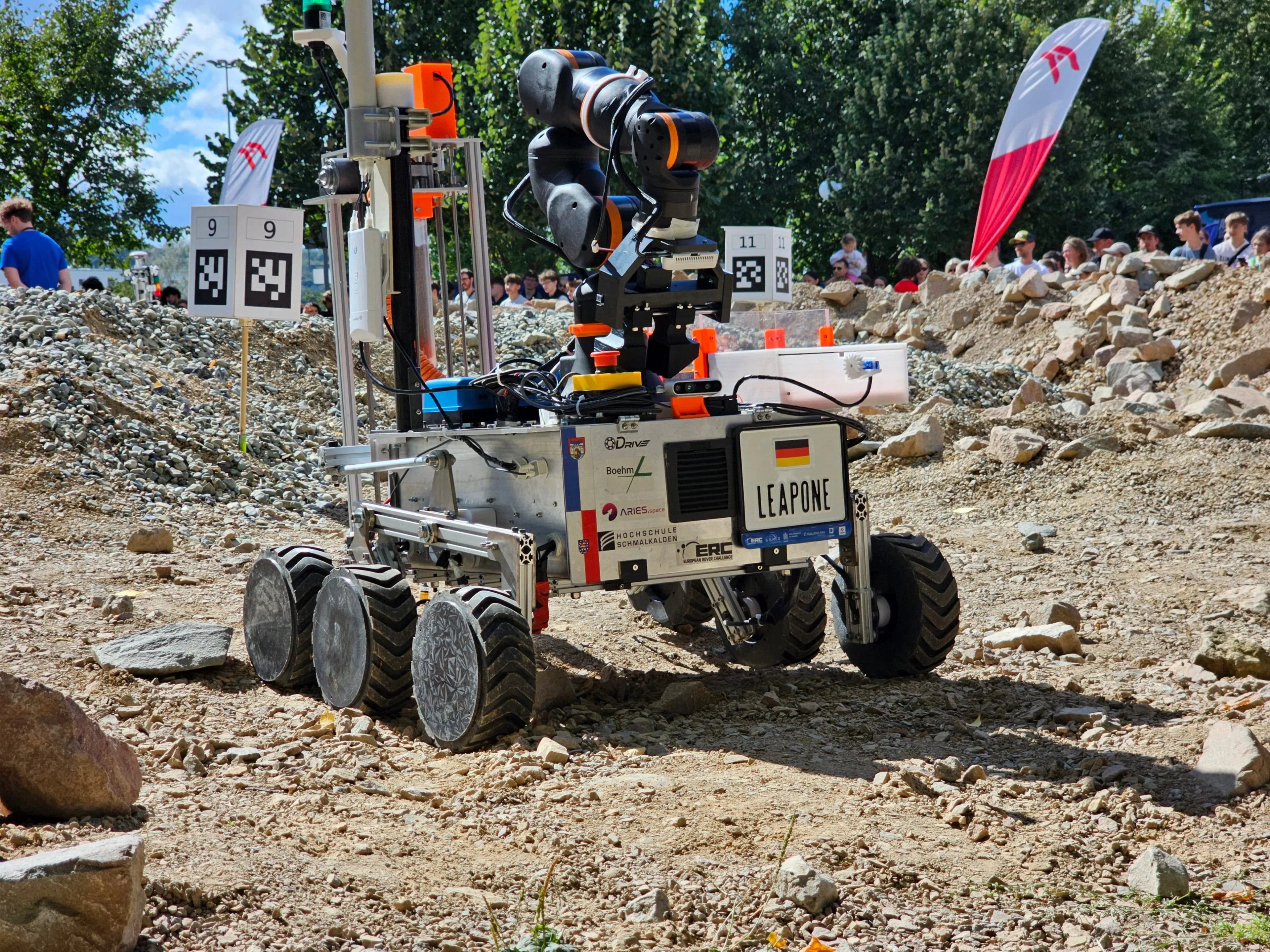 LEAP-One picks its way across the rocks of the Mars yard at the ERC 2026 finals