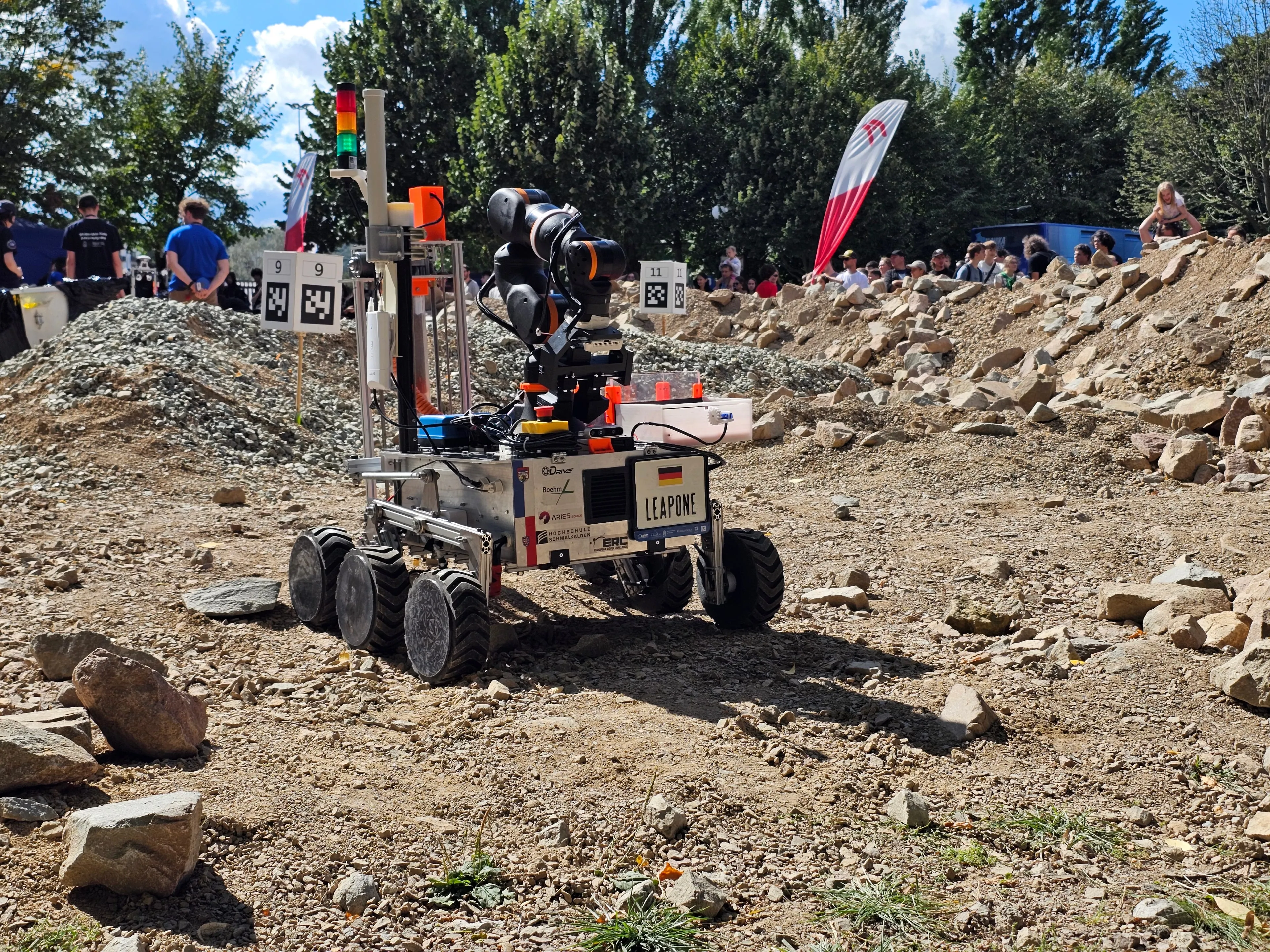 LEAP-One’s rocker-bogie suspension works over the loose rock of the Mars yard.