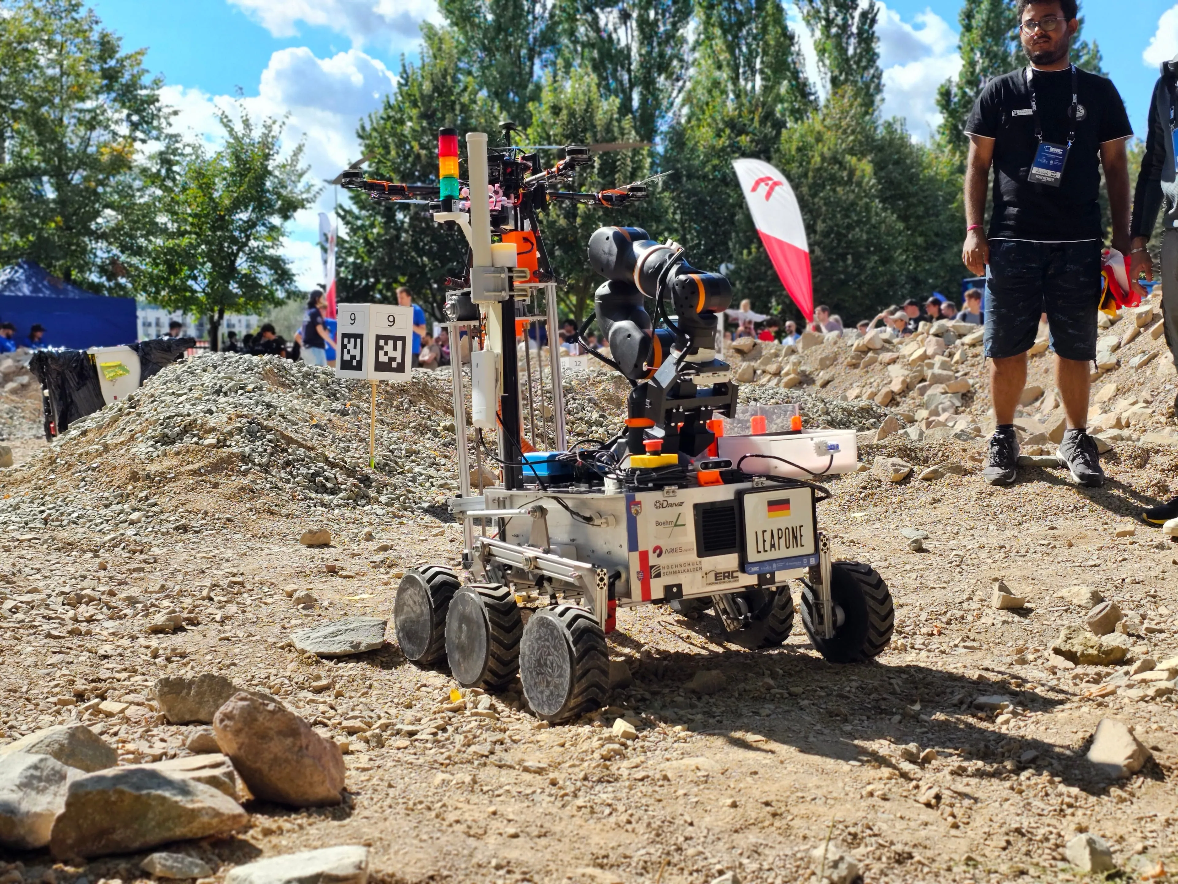 LEAP-One carries the quadcopter past the navigation markers on the Mars yard.
