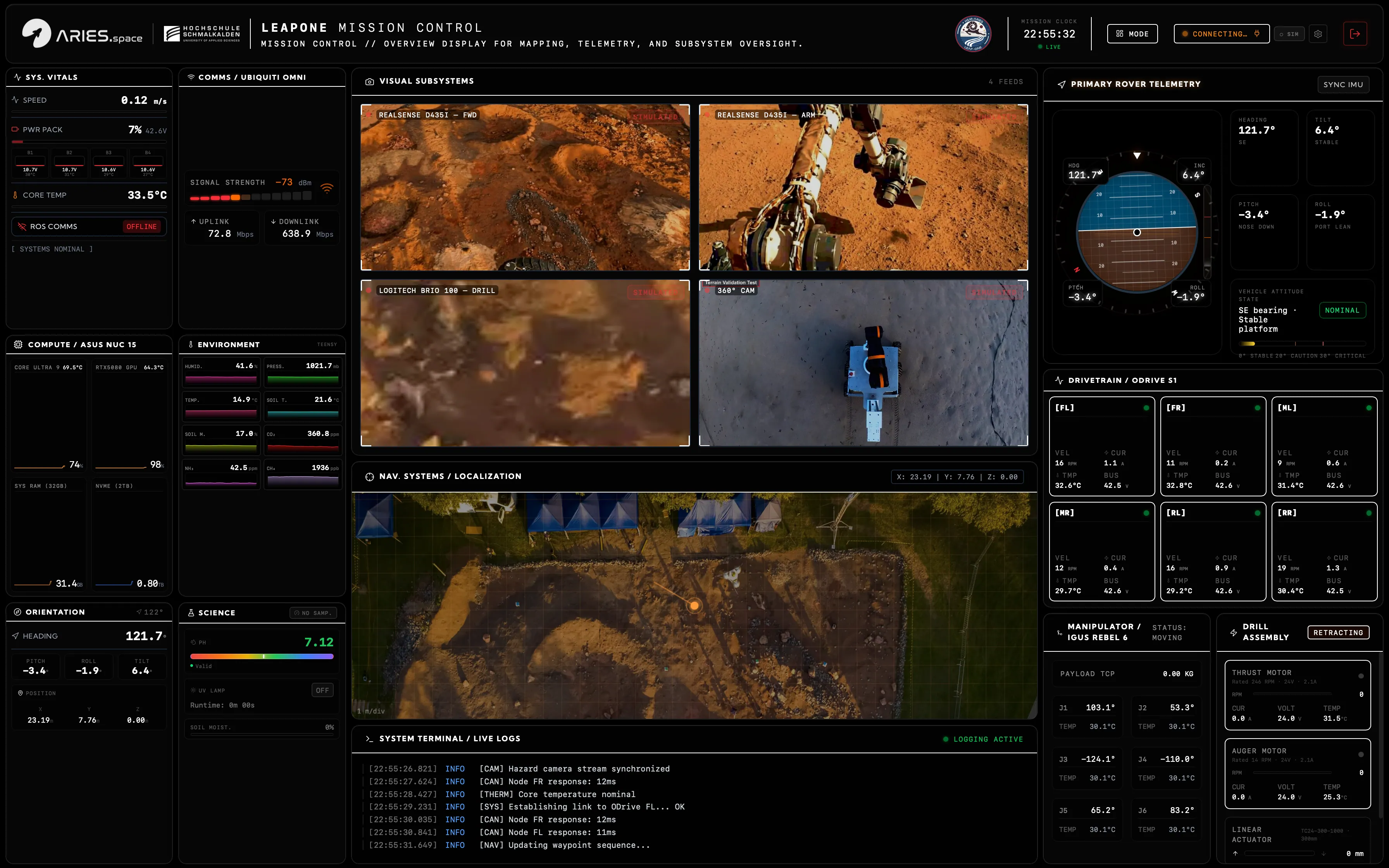 LEAP-One Mission Control overview with telemetry, camera feeds, navigation map, drive status, arm status and drill controls